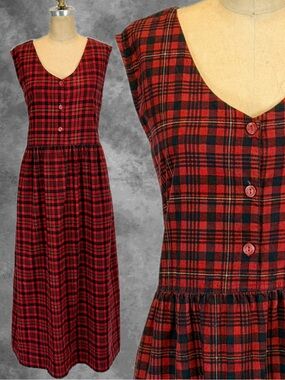 VINTAGE 90s tartan plaid corduroy jumper pinafore dress long maxi red black plus